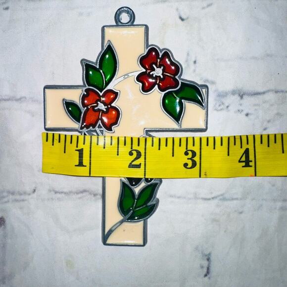 Vintage 1970s Stained Glass Cross With Flowers Suncatcher Religion Catholic - Picture 3 of 5